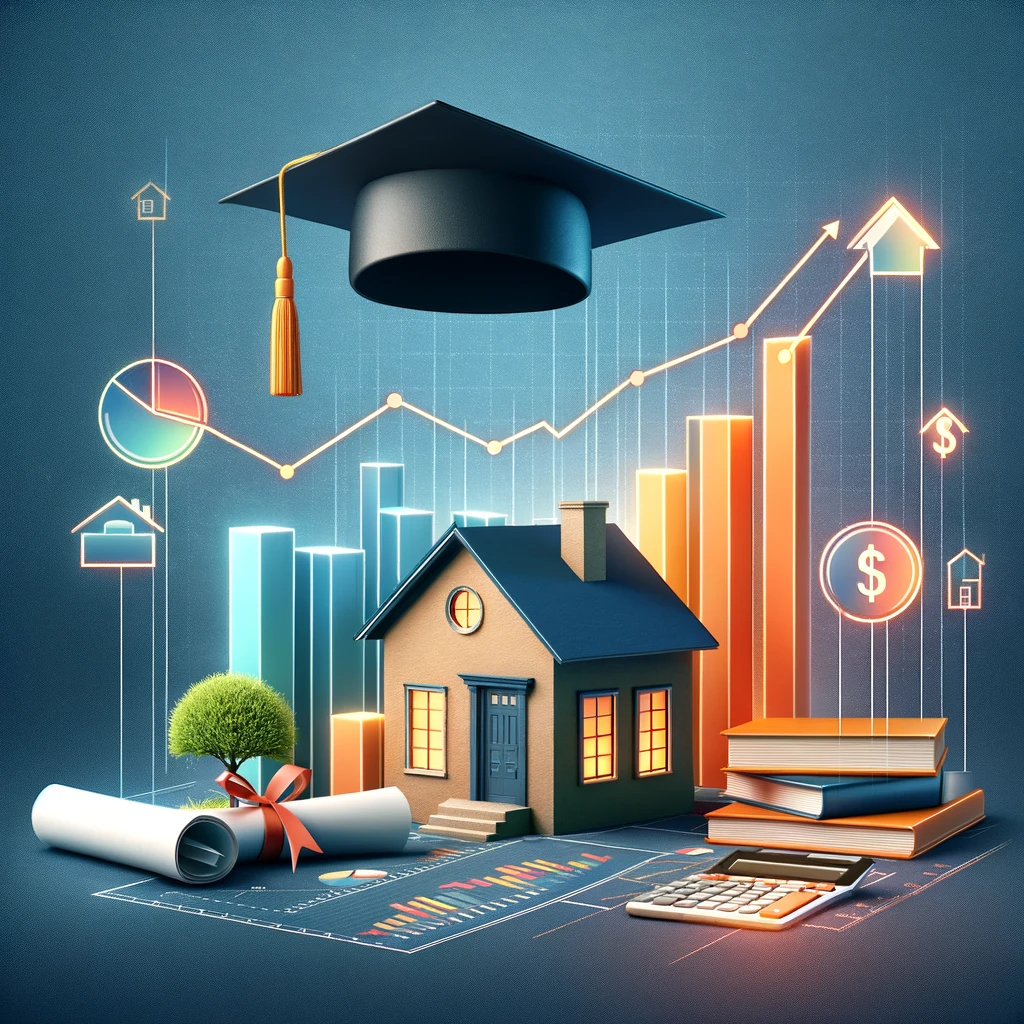 Save Plan Student Loan FAQ: Mortgage and Financial Planning Graph of student loans, mortgage planning, and financial growth with a house, graduation cap, and charts.